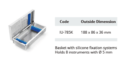 [IU-785K] Cesta de Esterilización Dental con Tapa y Sistemas de Fijación de Silicona con Diámetro de 5 mm (188 x 86 x 36 mm)