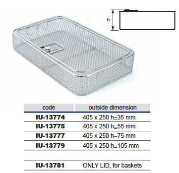 Wire mesh basket with 3/4 model lid, 1 mm wire diameter and 4 x 4 mm mesh - 405 x 245 x h