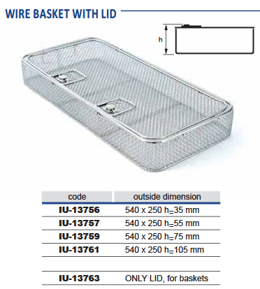 Wire mesh basket with 1/1 model lid, 1 mm wire diameter and 4 x 4 mm mesh - 540 x 245 x h
