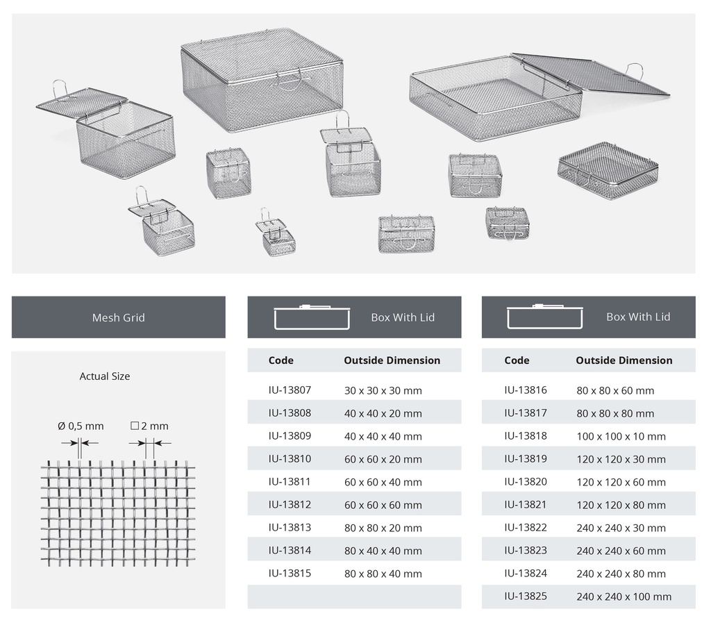 Wire mesh basket with lid, wire diameter 0.5 mm and 2 x 2 mm mesh