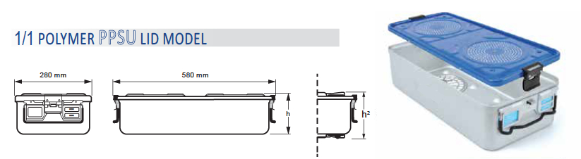 Container for sterilization with 1/1 biological barrier and cover with PPSU model barrier - 580 x 280 x h mm