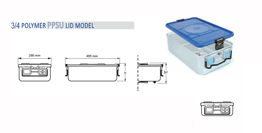 Contenedor para Esterilización Perforado de Modelo Estándar 3/4 y Tapa Perforada de Modelo PPSU Color Transparente - 465 x 280 x H mm