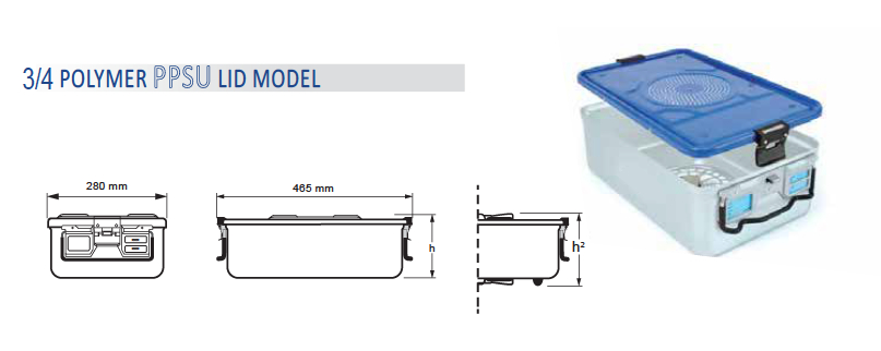 Contenedor para Esterilización No Perforado de Modelo Estándar 3/4 y Tapa con Barrera de Modelo PPSU - 465 x 280 x H mm