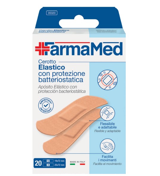 Apósitos Elásticos con Protección Bacteriostática de FarmaMed, 2 Tamaños - Caja de 20 Unidades