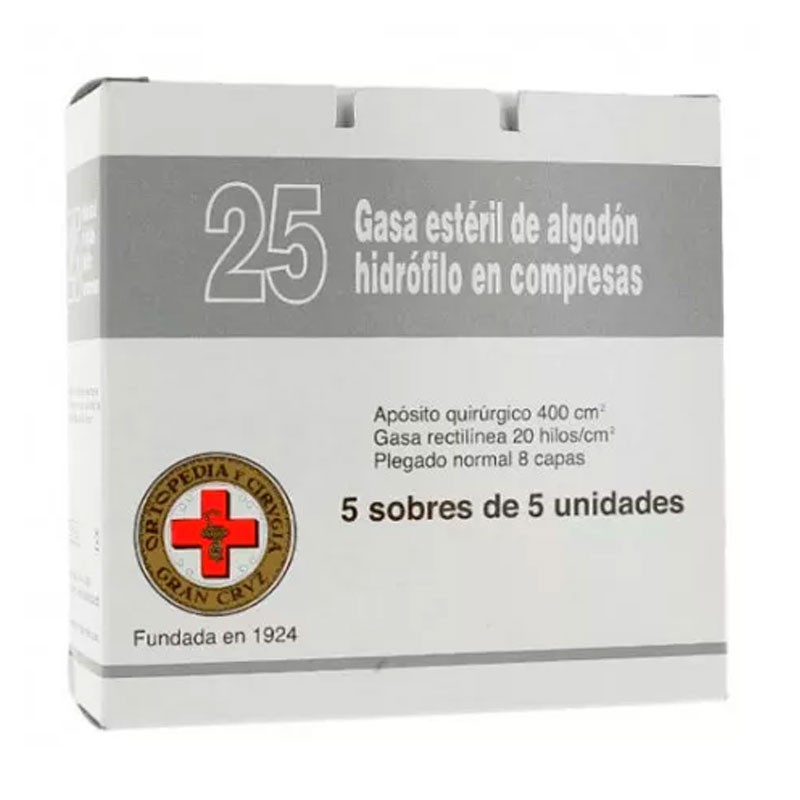Compresas de Gasa Estéril de Algodón Hidrófilo 20 Hilos 8 Capas de Gran Cruz - Sobres de 5 Unidades