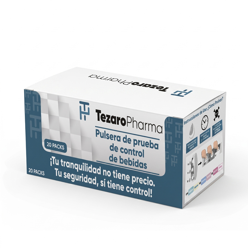 Tezaro Pharma Pulsera Detectora de Drogas en Bebidas para Sumisión Química con Triple Detección de GHB, KET y FLZ - 20 Packs de 10 Tiras