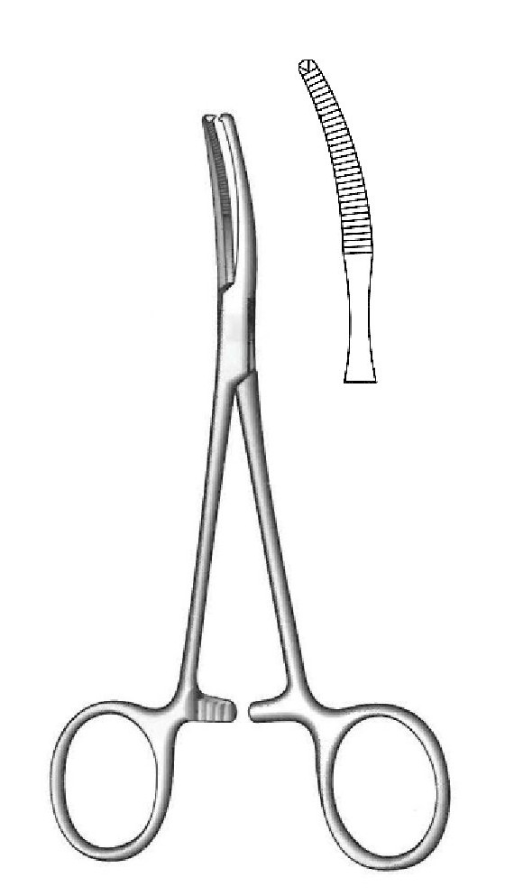Baby-Mikulicz peritoneum clamp-length = 14 cm / 5-1 / 2 ", curved