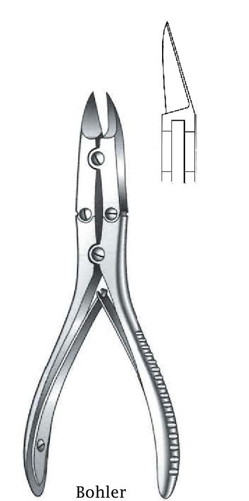 Pinza cortante para huesos Bohler, curva - longitud = 14.5 cm / 5-3/4"