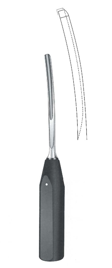 Spongy gubia with ferrozell handle, curve, width = 5 mm