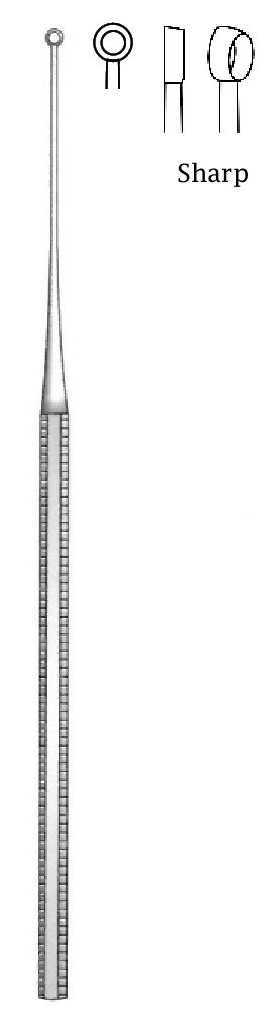 Buck Ear Curette, sharp, figure 1 - length = 16.5 cm / 6-1/2"