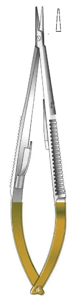 Castroviejo Locking Needle Holder, Plain Point, Straight, TC Gold - length = 13 cm / 5-1/4"