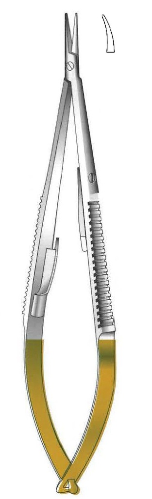 Porta agujas Castroviejo con bloqueo, punta lisa, curva, TC Gold - longitud = 13 cm / 5-1/4"