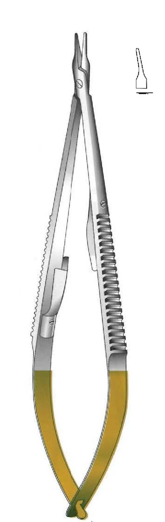 Porta agujas Castroviejo con bloqueo, extra delicado, curva, TC Gold - Longitud = 13.5 cm / 5-1/2"