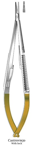 [IU-08739] Castroviejo Locking Needle Holder, serrated, straight, TC Gold - length = 14 cm / 5-1/2"