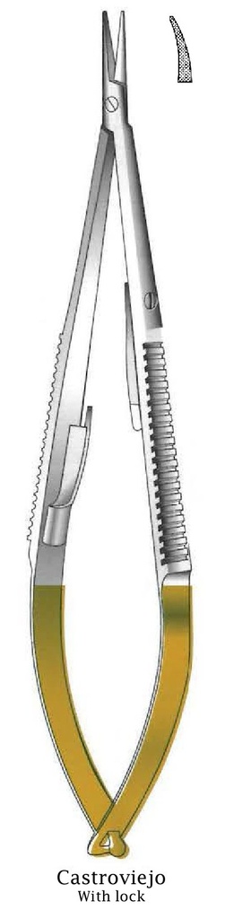 Porta agujas Castroviejo con bloqueo, dentado, curva, TC Gold - longitud = 14 cm / 5-1/2&quot;