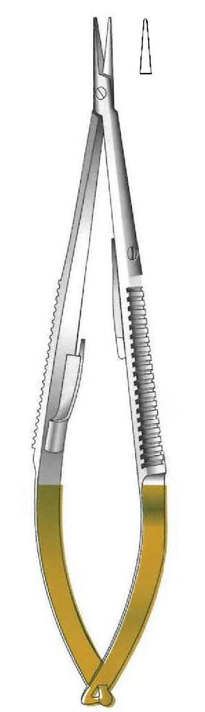 Castroviejo Locking Needle Holder, Plain Point, Straight, TC Gold - length = 14 cm / 5-1/2"