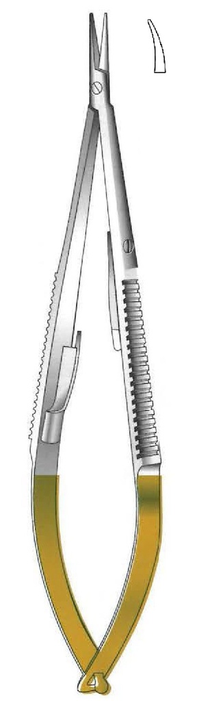 Castroviejo Locking Needle Holder, Plain Tip, Curved, TC Gold - length = 14 cm / 5-1/2"