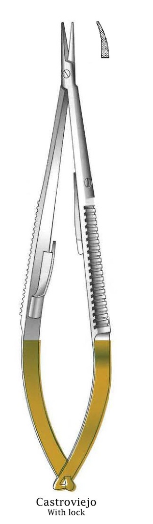 Porta agujas Castroviejo con bloqueo, dentado, curva, TC Gold - longitud = 16 cm / 6-1/4"