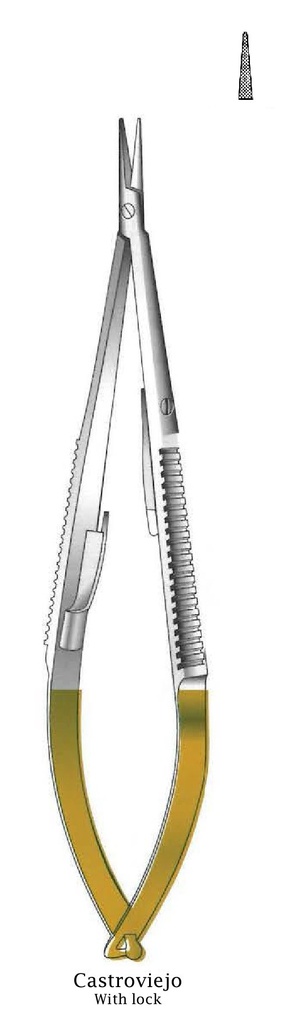 Porta agujas Castroviejo con bloqueo, dentado, recta, TC Gold - longitud = 16 cm / 6-1/4"