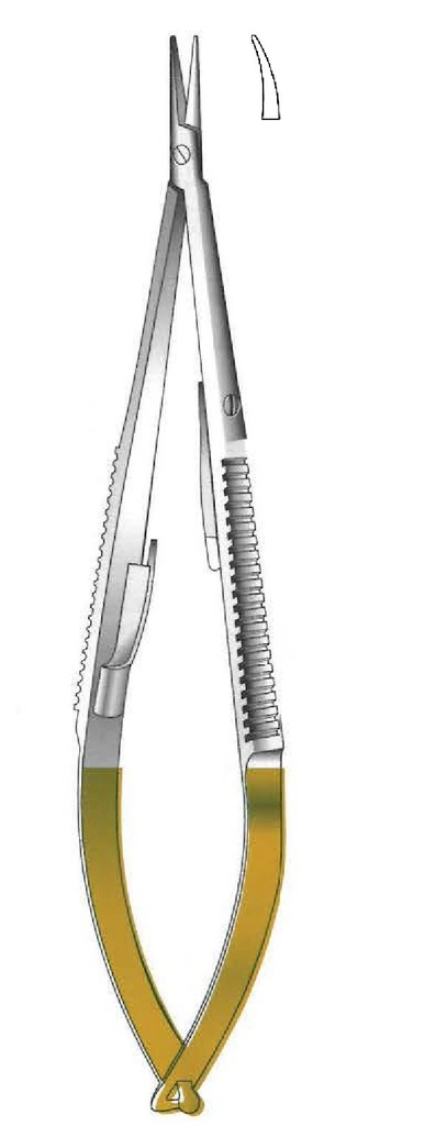 Porta agujas Castroviejo con bloqueo, punta lisa, curva, TC Gold - longitud = 16 cm / 6-1/4"