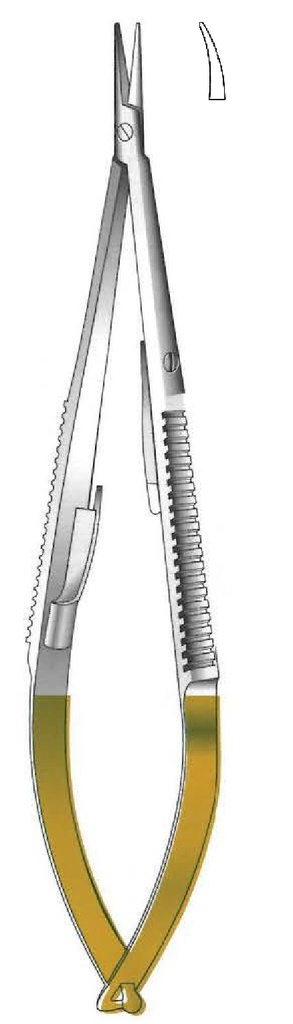 Porta agujas Castroviejo con bloqueo, punta lisa, curva, TC Gold - longitud = 18 cm / 7"