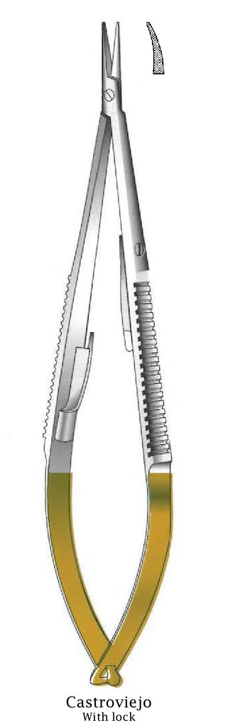 Porta agujas Castroviejo con bloqueo, dentado, curva, TC Gold - longitud = 20 cm / 8"