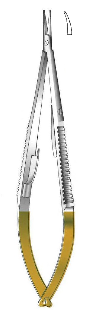 Castroviejo Locking Needle Holder, smooth, curved tip, TC Gold - length = 20 cm / 8"