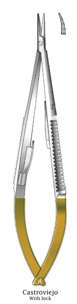 Castroviejo Locking Needle Holder, serrated, curved, TC Gold - length = 23 cm / 9"