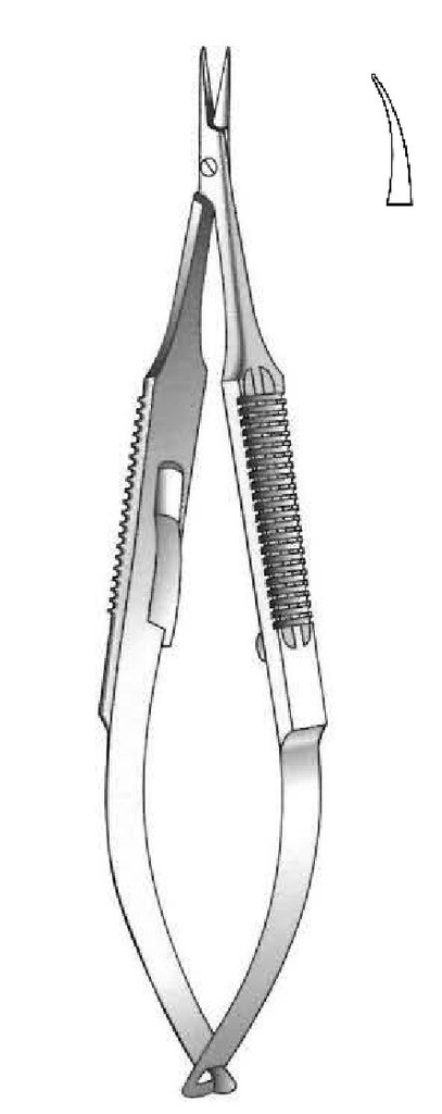 Porta agujas Castroviejo con bloqueo, punta lisa, curva - longitud = 9 cm / 3-1/2"