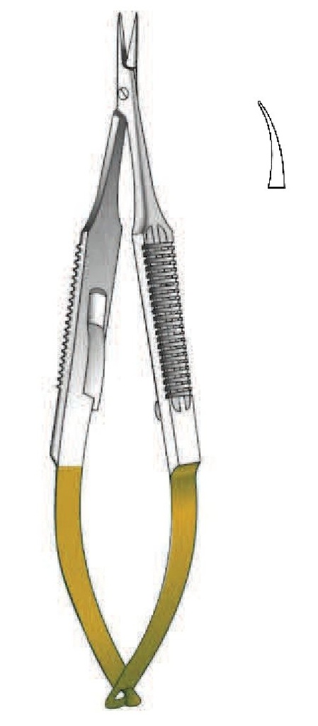 Porta agujas Castroviejo con bloqueo, punta lisa, curva, TC Gold - longitud = 9 cm / 3-1/2"