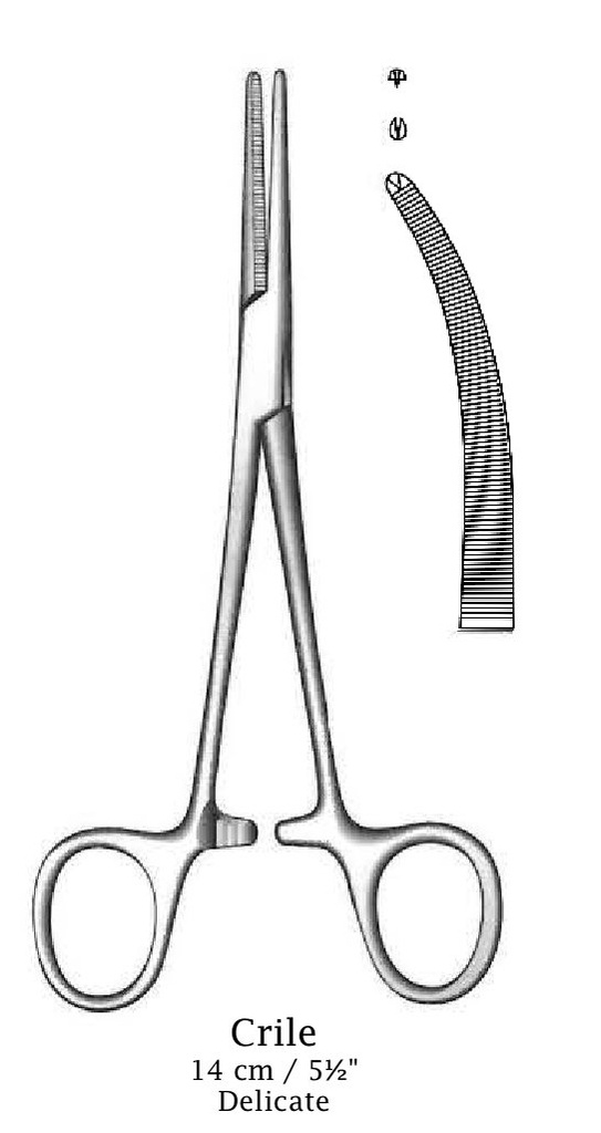 Pinza para arteria Crile, curva, delicada, dientes 1:2 - longitud = 14 cm / 5-1/2"