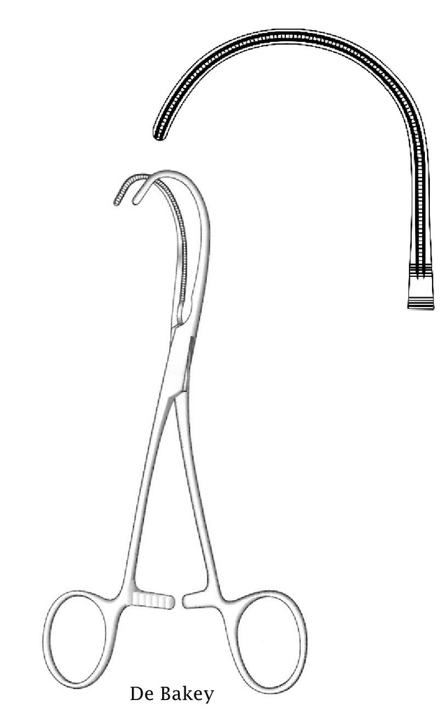 Pinza vascular De Bakey, curva fuerte en la punta - longitud = 16 cm / 6-1/4"