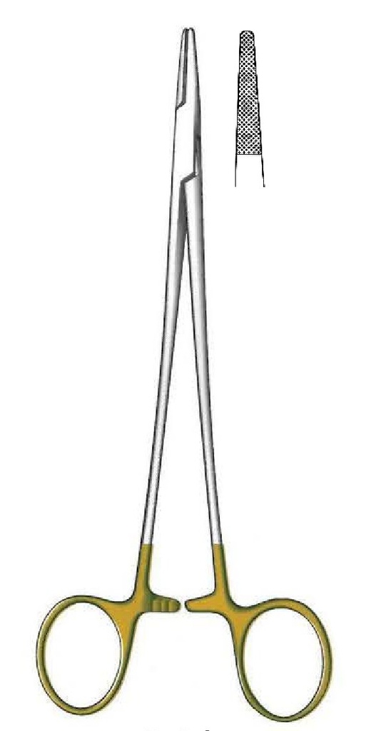 Porta agujas De Bakey, dentado = 0.4 mm, mini perfil, TC Gold - longitud = 20 cm / 8"