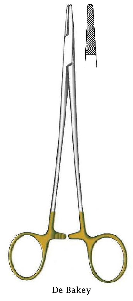 Porta agujas De Bakey, dentado = 0.4 mm, mini perfil, TC Gold - longitud = 23 cm / 9"