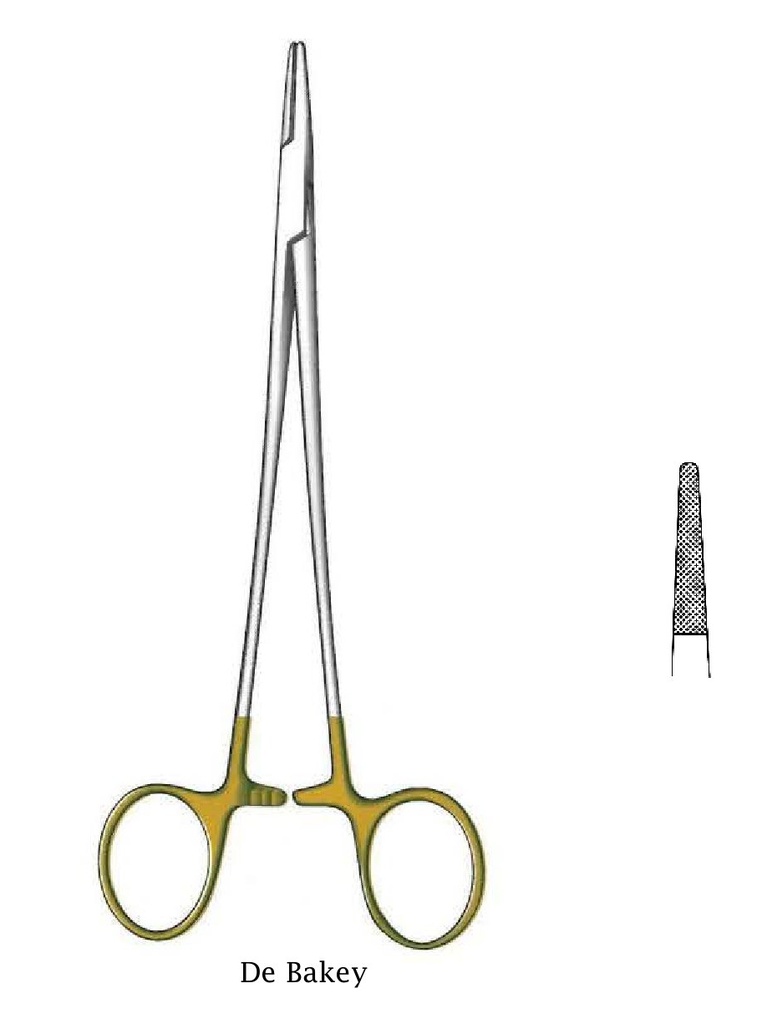 Porta agujas De Bakey, dentado = 0.4 mm, mini perfil, TC Gold - longitud = 26 cm / 10-1/4"