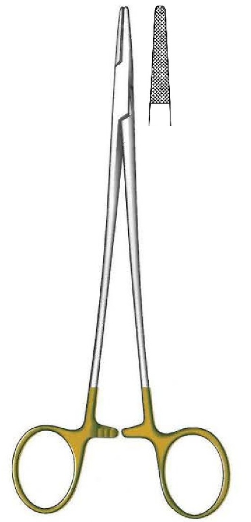 Porta agujas De Bakey, dentado = 0.4 mm, mini perfil, TC Gold - longitud = 37 cm / 14-1/4"