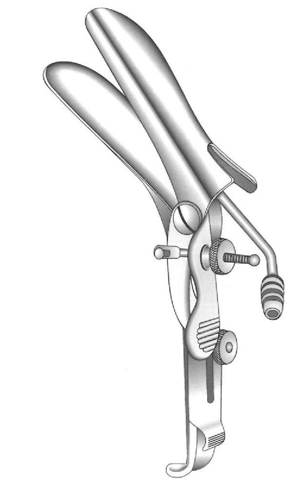 Espéculo vaginal especial Grave, ángulo de 135° y lado derecho abierto, tubo de succión en la valva inferior