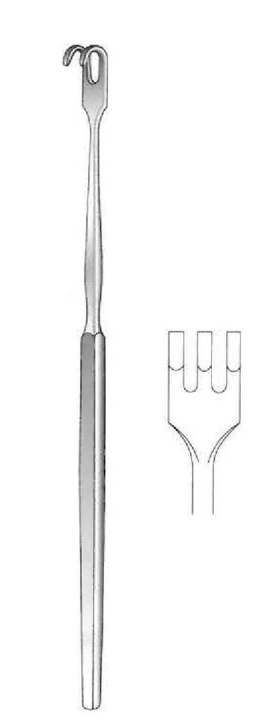 Gancho retractor con mango plano, desafilado, 3 dientes