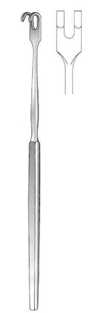 Gancho retractor con mango plano, desafilado, 2 dientes