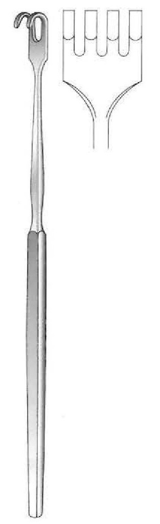 Gancho retractor con mango plano, desafilado, 4 dientes