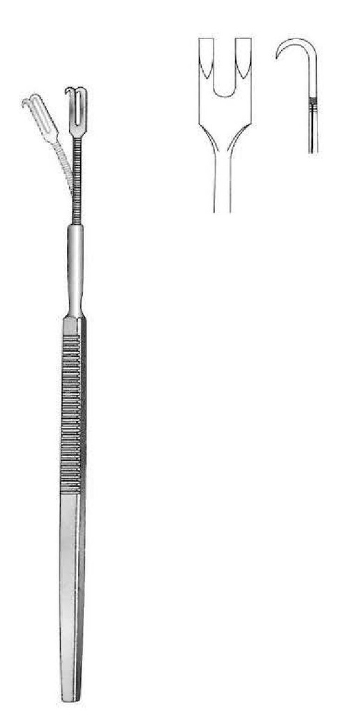 Gancho retractor con resorte, afilado, 2 dientes