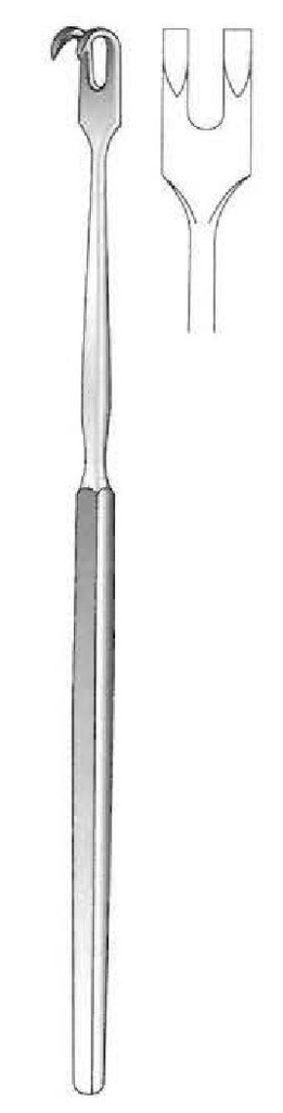Gancho retractor con mango plano, afilado, 2 dientes