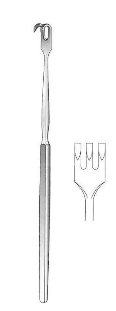 Retractor hook with flat handle, sharp, 3 teeth