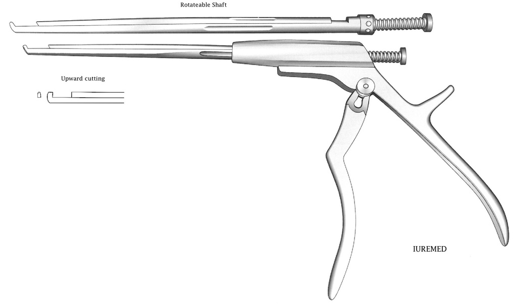 Pinza para disco intervertebral, eje giratorio, corte hacia arriba, ancho = 1 mm - longitud del eje = 18 cm