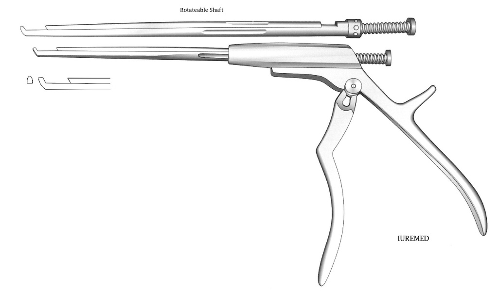Pinza para disco intervertebral, eje giratorio, corte hacia adelante, ancho = 2 mm - longitud del eje = 18 cm