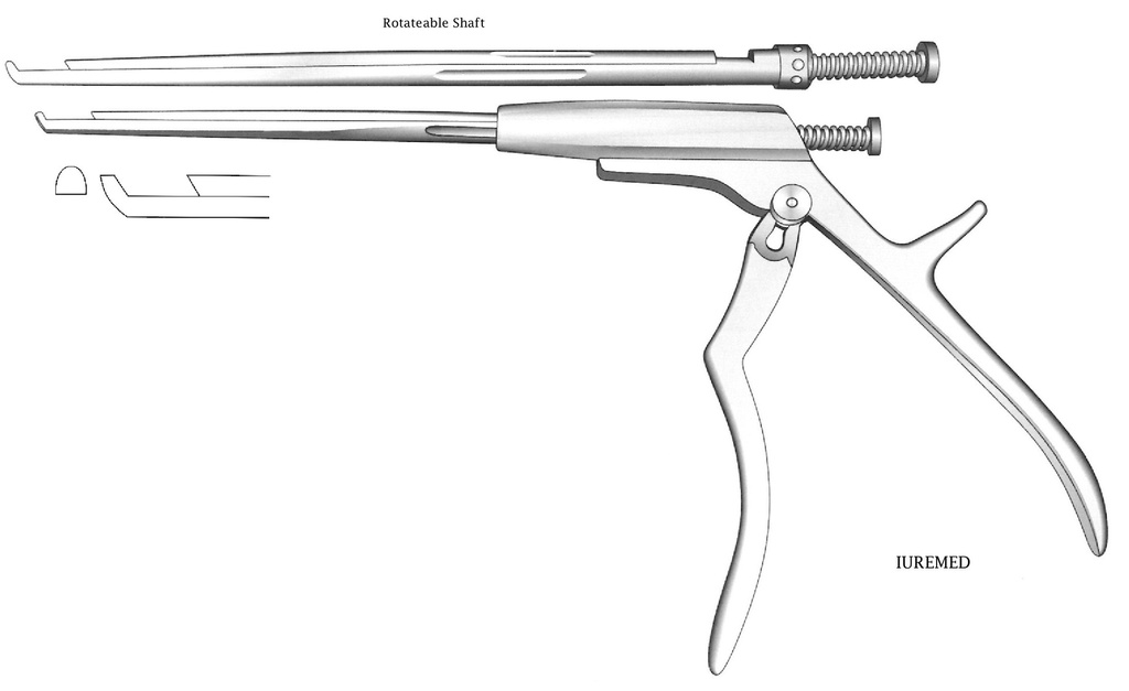 Intervertebral disc clamp, rotating axis, forward cut, wide = 5 mm - Axis length = 18 cm