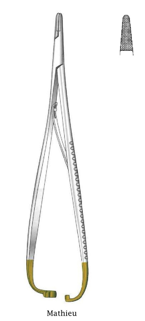 Porta agujas Mathieu, dentado = 0.4 mm, TC Gold - longitud = 14cm / 5-1/2"