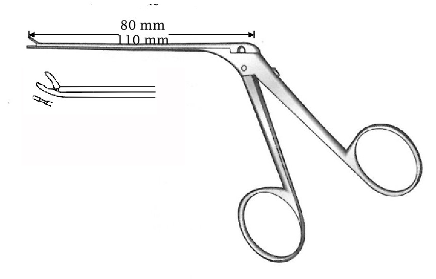Micro pinza para oído, curvada hacia arriba, acabado negro, diámetro = 0.6 x 0.5 mm - longitud del eje = 80 mm