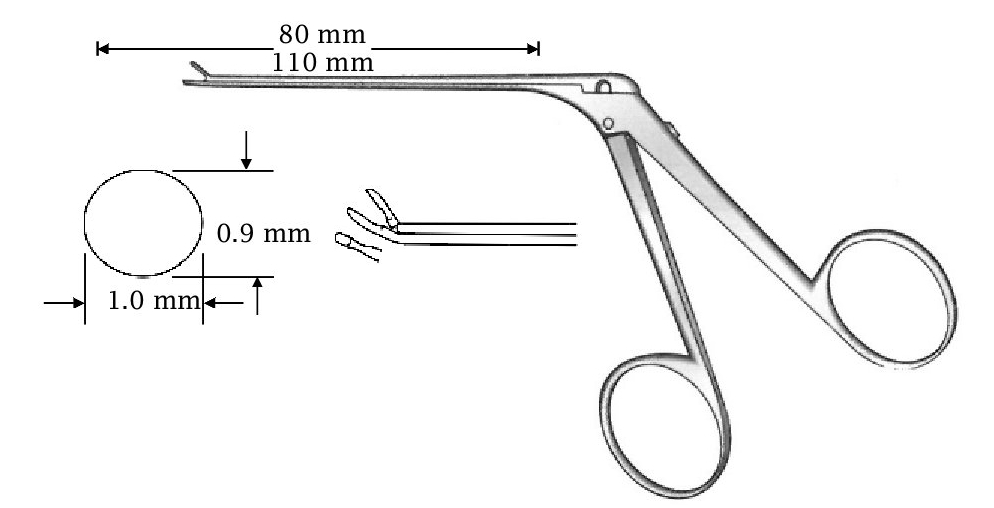 Micro pinza para oído, curvada hacia arriba, acabado negro, diámetro = 0.9 x 1.0 mm - longitud del eje = 80 mm