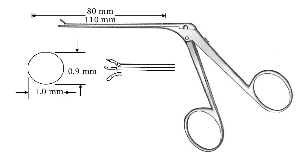 Micro pinza para oído, izquierda, diámetro = 0.9 x 1.0 mm - longitud del eje = 80 mm